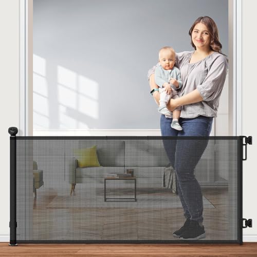 Retractable Baby Gate, Mesh Dog Gate or Mesh Baby Gate 55" Wide 33" Tall Safety Child or Pet Gate for Indoor Outdoor Stairs, Doorways, Hallways, Deck