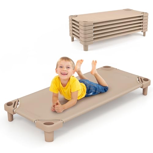 Costzon Stackable Kids Naptime Cot, Toddler Daycare Cots Rest Mat w/Easy Lift Corner Oxford Cloth Ready-to-Assemble, Space Saving Sleeping Cots for Daycare Kids Preschool Classroom (Beige, 6pcs)