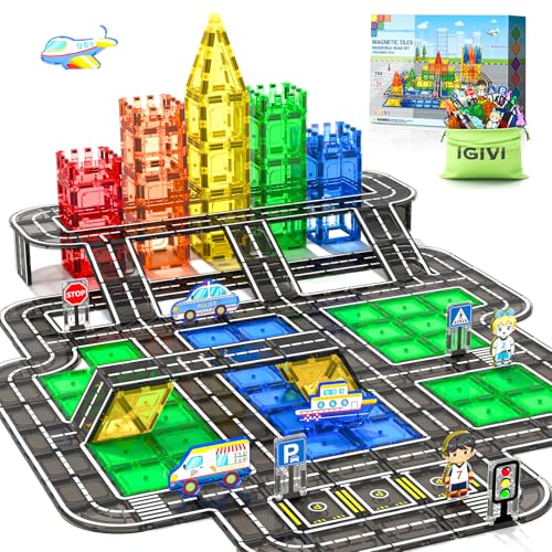 104 PCS Magnetic Tiles Road Set, STEM Construction Toys for Kids Ages 3-5 5-7 4-8, Magnet Building Blocks for Toddler Toys Games, Christmas Birthday Gifts for 3+ Year Old Boys Girls