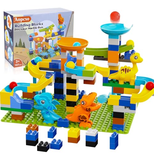 Marble Run Building Blocks, Dinosaurs Marble Track Toy Classic Large Bricks for 3 4 5 6 7 + Year Old Boys Girls Kids, Bricks Compatible with All Major Brands