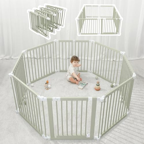 Comfy Cubs Baby Gate Playpen - 57 x 57 x 25 in, Extends Up to 228 - Pine Wood Foldable Playpen with Child-Proof Lock - Easy Assembly Baby Fence Play Area for Babies & Toddlers - Sage
