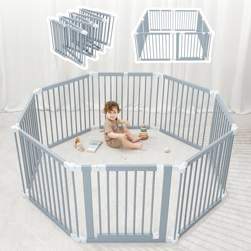 Comfy Cubs Baby Gate Playpen - 57 x 57 x 25 in, Extends Up to 228 - Pine Wood Foldable Playpen with Child-Proof Lock - Easy Assembly Baby Fence Play Area for Babies & Toddlers - Pacific Blue