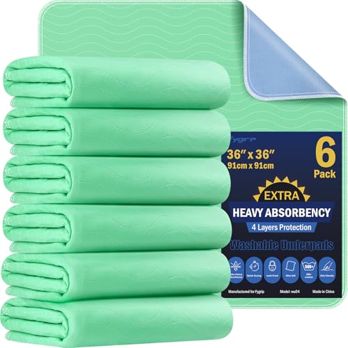 6 Pack 36 x 36 Extra Heavy Absorbency Washable Underpads, Waterproof Quick Drying Nursing Pads Incontinence Bed Pads, Reusable Washable Pee Pads for Dogs, Diaper Changing & Adults