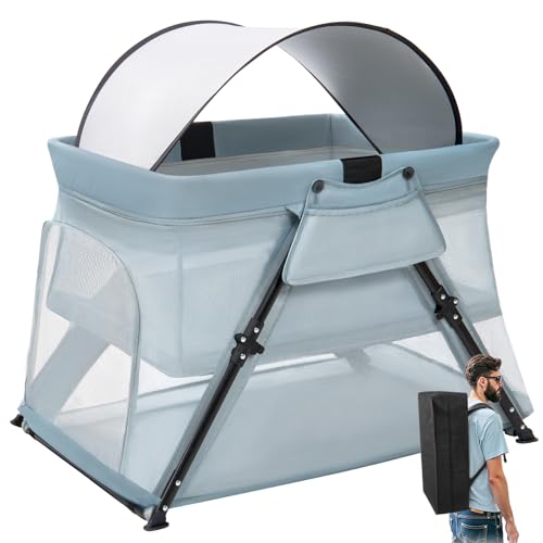 Lilian&Gema 2-in-1 Travel Crib, Portable & Foldable Crib with Backpack, Lightweight Baby Travel Playpen with Thick Mattress for Babies & Toddlers, Baby Travel Essential