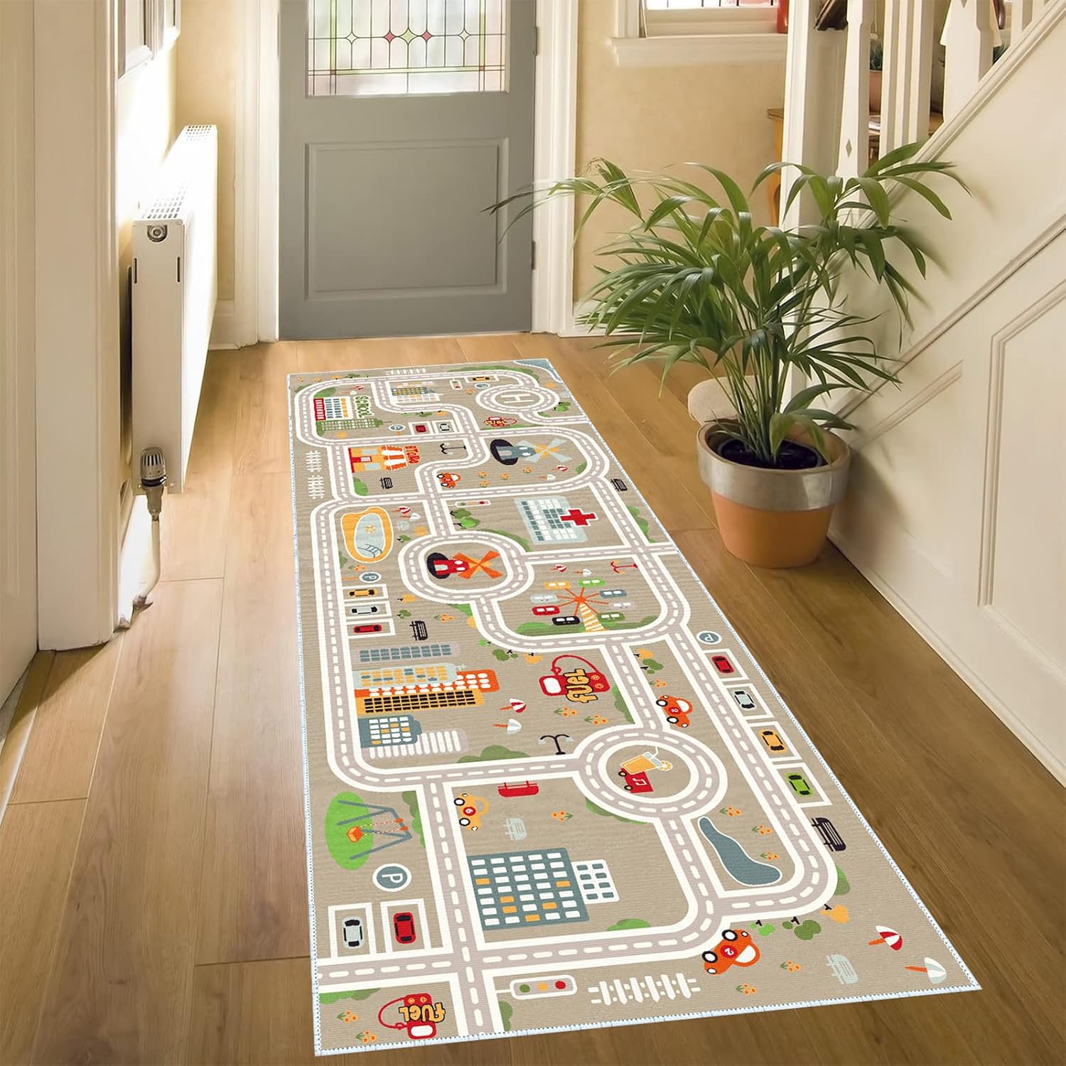 Kids Car Train Rug, 2' x 8' Boys Play Carpet, Floor Mat Playmat for Playroom Bedroom Kids Toddler Room,Non Slip Rug Backing (Grey, 2' x 8')