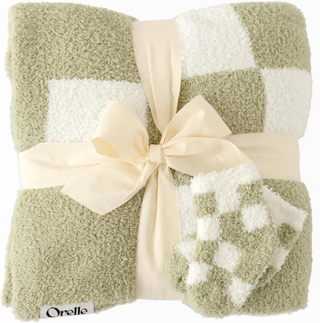 Orelle Checkered Baby Blanket & Matching Socks Set | Cozy Baby Blanket | Soft Plush Blankie | Gender Neutral Checkered Nursery Decor | Newborn Registry Must Have | Sage Green