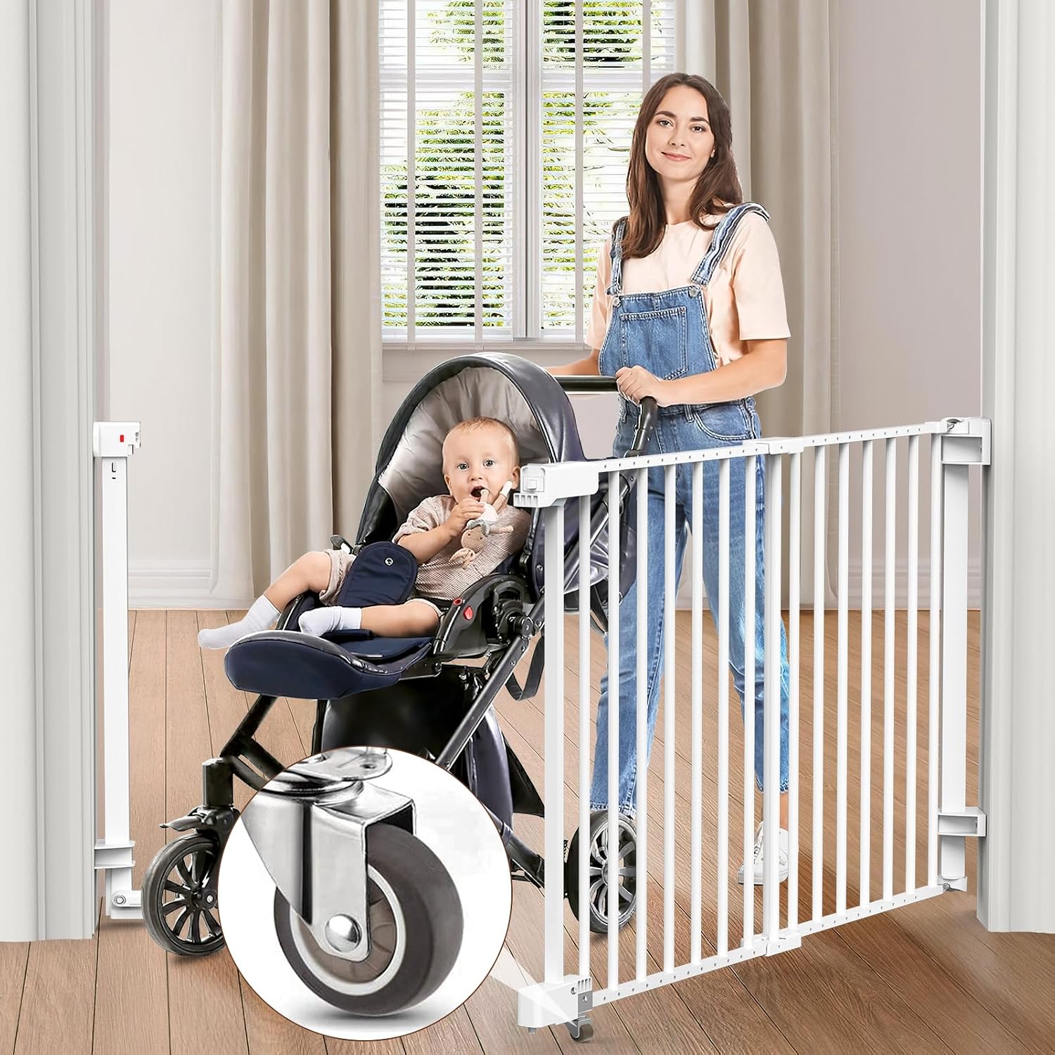 29.13-43.3" No Bottom Bar Baby Gate with Rollers for Doorways and Stairs, Dog Gate with Large Walk Thru Door for Elders and Pets, Only for Hardware Mounting(Requires Drilling Holes), White