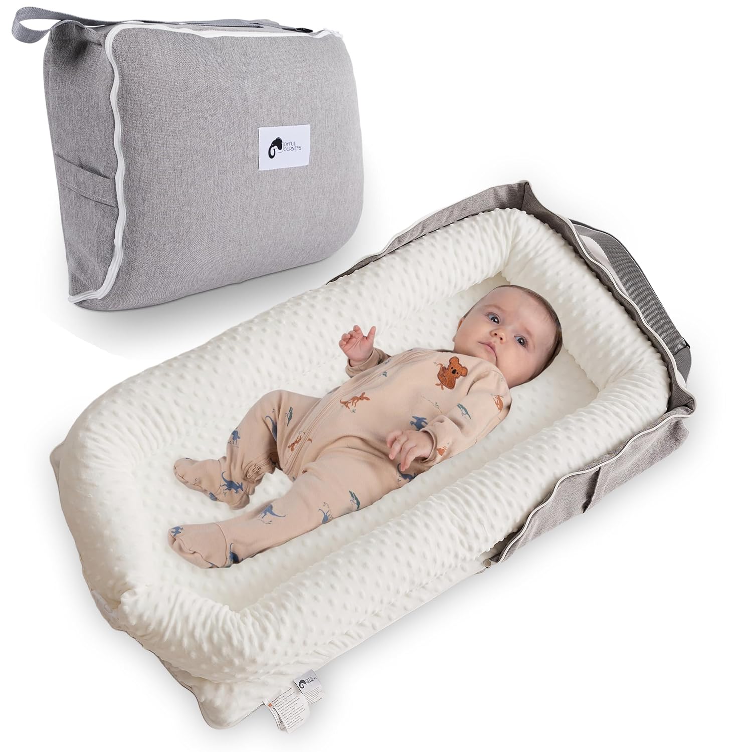 Joyful Journeys Baby Lounger Diaper Bag - Portable Nest & Organizer | Versatile Infant Bag for Convenience (White Minky)