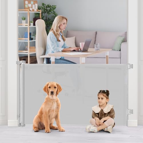 52 Wide Mesh Baby Gate Retractable Dog Gate Outdoor Gates for Decks Retractable Dog Gates for the House Mesh Gates for Kids or Pets Retractable Baby Gates for Doorways Indoor Doggie Gates, Light Gray