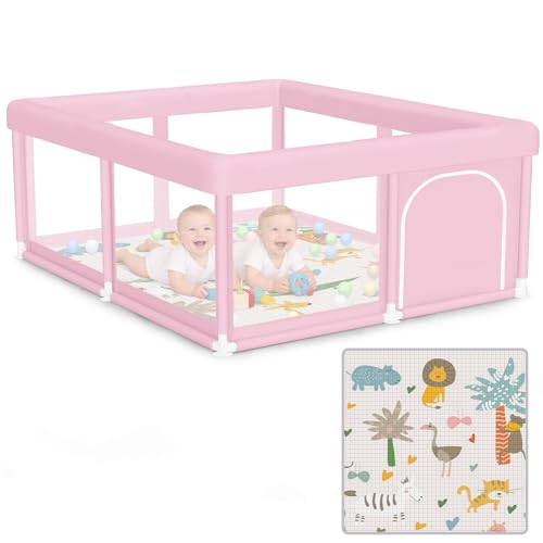 Baby Playpen for Babies and Toddlers with Mat Baby Fence Play Yards for Indoor & Outdoor with Breathable Mesh Anti-Fall (Pink