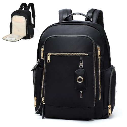 miss fong Diaper Backpack - Mommy & Dad Diaper Bag with Dispenser, 16 Pockets, Large Capacity, Travel & Baby Shower Gifts - Dark Black