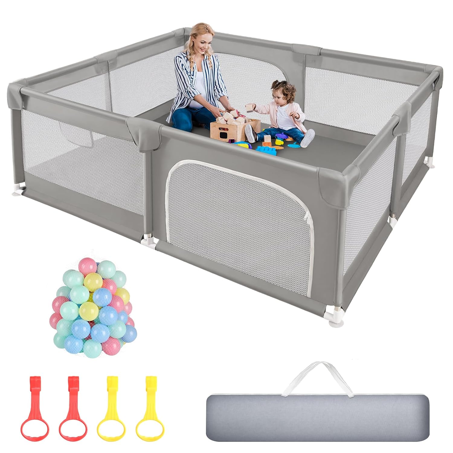 Sour Lemon Baby Playpen 79x71 inch Extra Large Playpen for Babies and Toddlers, Baby Fence Play Pen Yard with Safety Gate Fence with 50 Ocean Balls 4 Pull Rings for Kids Indoor Outdoor