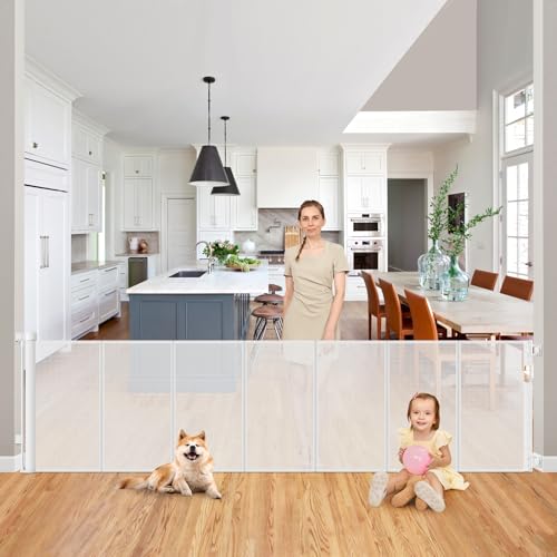 Reinforced 200 Inch Extra Long Dog Gate Indoor 33 Tall Outdoor Retractable Baby Gates for Doorways Extra Wide 16ft Bottom Anti-Crawl Indoor Extra Long Baby Gate Retractable Dog Fence/Barrier, White