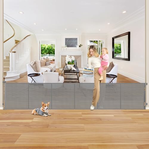 Reinforced 26 Inch Tall Retractable Child Gate to Step Over 135" Wide Small Retractable Baby Gates for Stair Retractable Dog Gate Short Mesh Dog Gate Retractable Toddler Gates for Doorways Doggy Gate