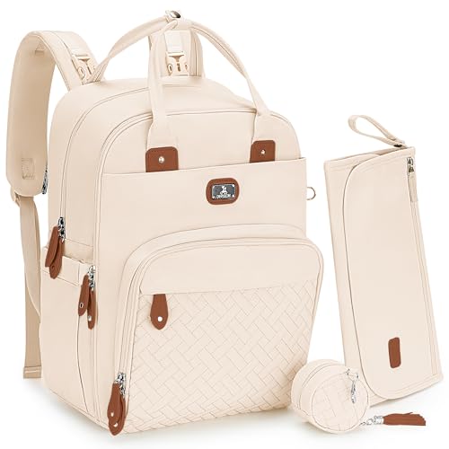 Dikaslon Diaper Bag Backpack with Portable Changing Pad, Pacifier Case and Stroller Straps, Large Unisex Baby Bags for Boys Girls, Multipurpose Travel Back Pack for Moms Dads,Off White