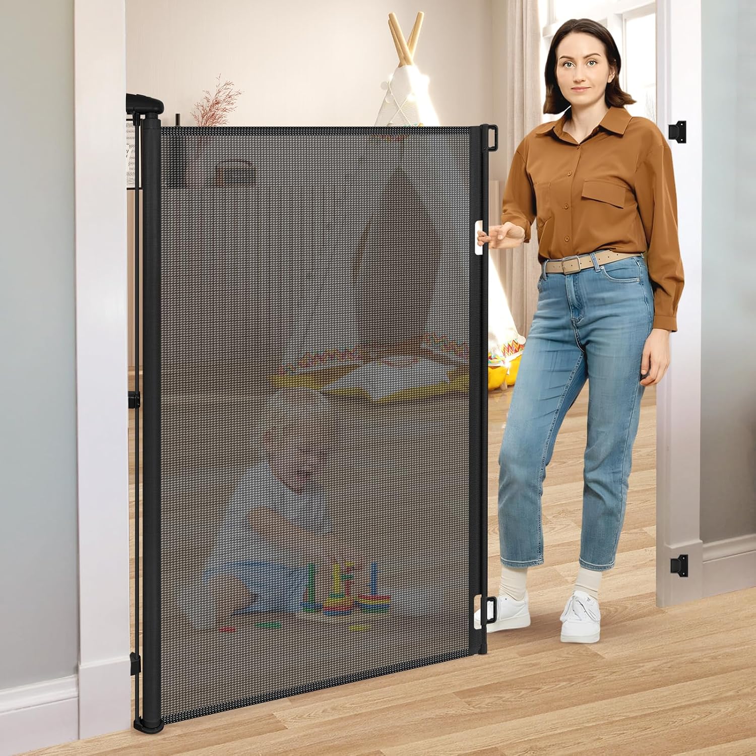52 Tall X 55 Wide Retractable Baby Gates for Doorways Retractable Dog Gate Indoor Anti-Scratch Doggie Gates for Indoors Extra Tall Pet Gate Outdoor Prevent Kids and Pets from Jumping Over, Black