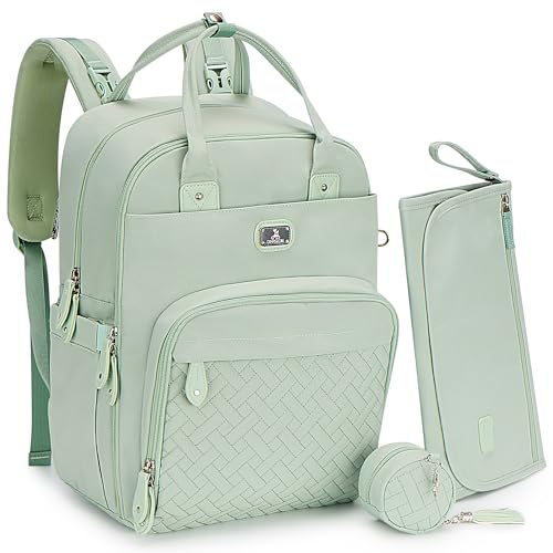 Dikaslon Diaper Bag Backpack with Portable Changing Pad, Pacifier Case and Stroller Straps, Large Unisex Baby Bags for Boys Girls, Multipurpose Travel Back Pack for Moms Dads, Mint Green