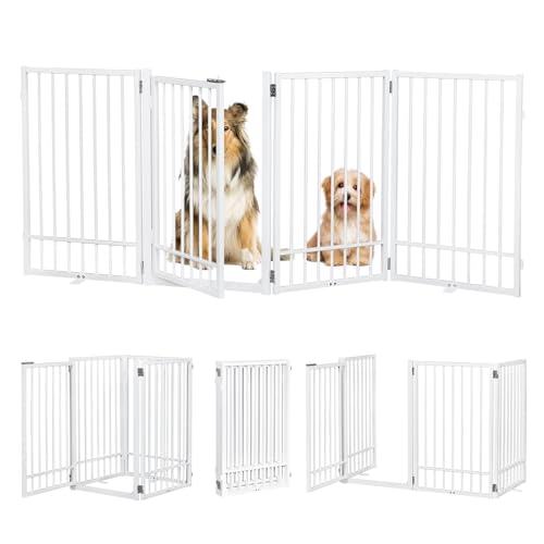 Metal Freestanding Dog Gate with Door, Extra Wide 81", 31" Height Foldable Dog Gates for Doorways, Tall Pet Fence Indoor Outdoor Pet Gates, 4 Panels Pet Barrier for Stairs Hallways, White