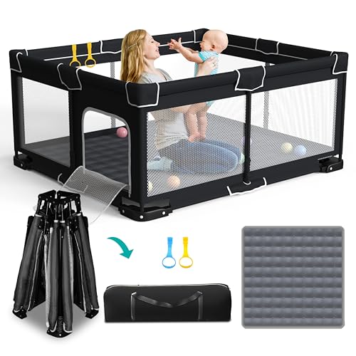 Foldable Playpen for Babies and Toddlers, 71x59 Inches Portable Playpen, Kids Collapsible Play Pen with 2 Handlers, Indoor & Outdoor Baby Play Area with Visible Mesh (Black)