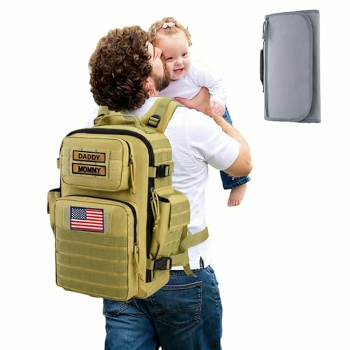 SHARKMOUTH Military Diaper Bag for Baby - Large Baby Backpack with Changing Pad for Boy Girl - Army Dad Diaper Bag for Hiking Travel Camping Trips Tan