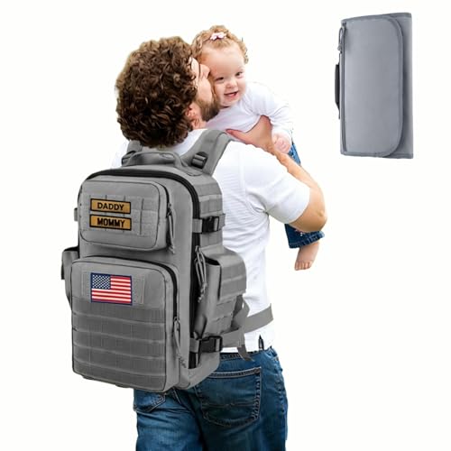 SHARKMOUTH Baby Diaper Bag for Dad - Large Military Daddy Gear Backpack with Changing Pad for Travel Camping Hiking - Newborn Baby Shower Gifts Gray