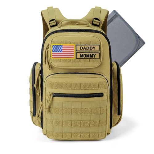 MIRACOL Baby Diaper Bag with Changing Pad - Large Military Daddy Gear Backpack for Hiking Travel Camping -Army Style for Men Active Dad Tan