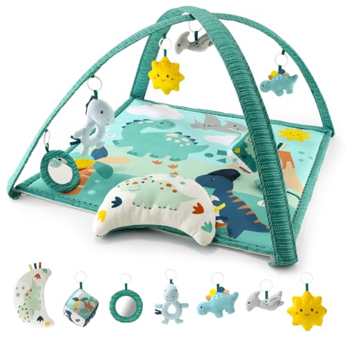 The Peanutshell Unisex Baby Play Gym & 7-in-1 Play Mat - Playmat Baby Toys 0-6, 6-12 Months Tummy Time Mat with Hanging Toys, Soft Padded Mat for Newborns, Infants - Dino