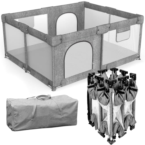 Foldable Baby Playpen with Gate, Extra Large Collapsible Play Yard for Babies & Toddlers, Portable Travel Playpen, Baby Activity Center for Indoor & Outdoor Use (Grey 59"71")