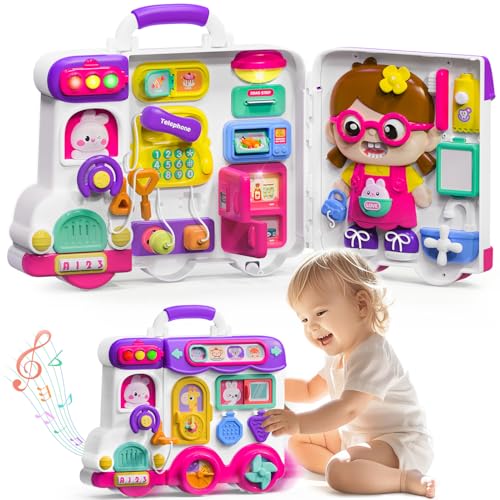 Montessori Busy Board for 1-2 Year Old Girl Gift,Musical Toys for Toddlers 1-3 Year,Educational Fine Motor Baby Toys for 12 18 Months,Perfect for Preschool or Travel,Birthday Gift for 1+Year Old Girl