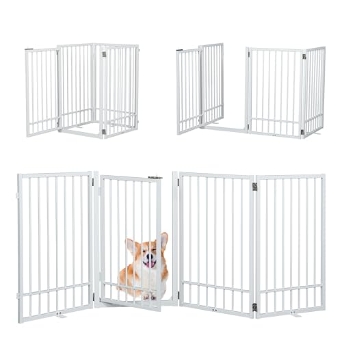 SMONTER Free Standing Dog Gate with Door Walk Through, 80.5'' Extra Wide Indoor Dog Fence, 31.5'' H 4 Panels Foldable Metal Pet Puppy Gate for Stairs, Hallways, Doorway, White