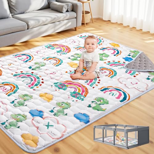 74x50 Playpen Mat for Baby Crawling: Large Baby Play Mat for Kids Infants, Toddler, Soft Non-Slip & Washable Baby Floor mat, Foldable Playmat for Indoor & Outdoor, Rainbow