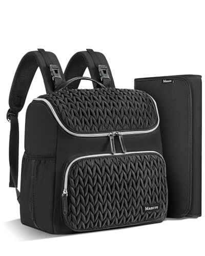 Mancro Small Quilted Diaper Bag Backpack, Waterproof Mini Travel Diaper Bag Tote with Changing Pad, Lightweight Baby Backpack with 2 Insulated Bottle Pockets & Stroller Straps, Black