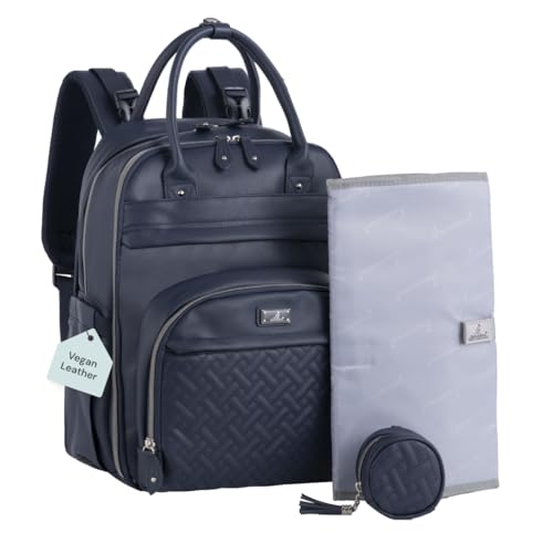 BabbleRoo Leather Diaper Bag Backpack - Baby Essentials Travel Baby Bag, Multi function, with Changing Pad, Stroller Straps & Pacifier Case  Unisex, Midnight Blue