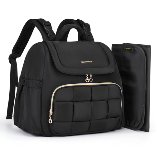 mommore Small Diaper Bag, Mini Baby Diaper Bag, Puffer Quilted Diaper Backpack with Changing Pad, Insulated Pockets, Stroller Strap, Woven Baby Bag for Travel Work