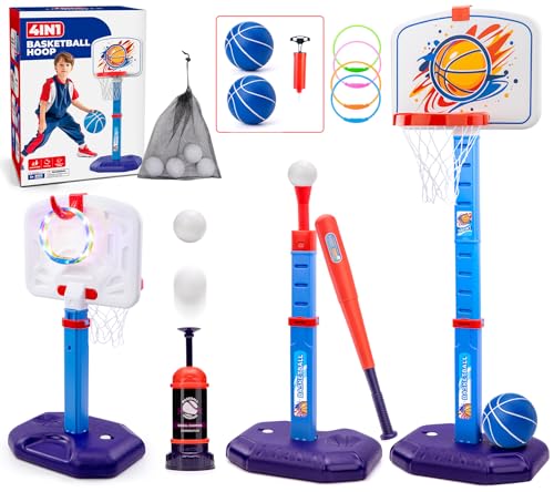 Meland Toddler Basketball Hoop, 4-in-1 Kids Basketball Hoop with Tball Set for Toddler & Baseball Pop Up Machine, Basketball Goal for Kid Sport Toys Indoor Outdoor Play Birthday Gift for Kids Toddlers