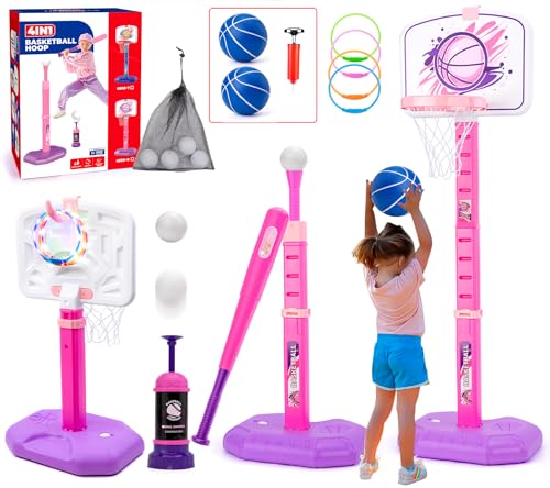 Meland Toddler Basketball Hoop, Pink 4-in-1 Kids Basketball Hoop for Indoor Outdoor Play, Tball Set with Baseball Pop Up Machine, Girls Toys Birthday Gift
