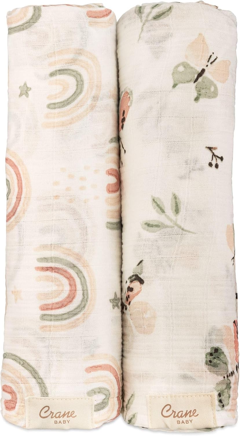 Crane Baby 100% Cotton Muslin Swaddle Blankets, Butterfly/Rainbow, Set of 2, 47" x 47", Swaddles for Newborns