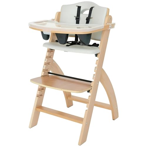 Abiie Beyond Junior Wooden High Chair with Tray - Adjustable and Convertible High Chair for Babies and Toddlers - 6 Months to 250 Lb - Water Resistant - Natural Wood with Dove Grey Cushion