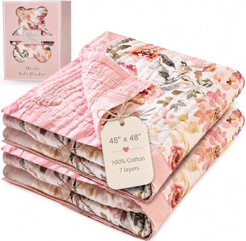 100% Cotton Muslin Baby Blanket - Large Reversible Receiving Blankets for Baby Girls, Soft & Lightweight, Perfect Muslin for Newborns, Infants & Toddlers, 7 Layers Design, Machine Washable, Pink