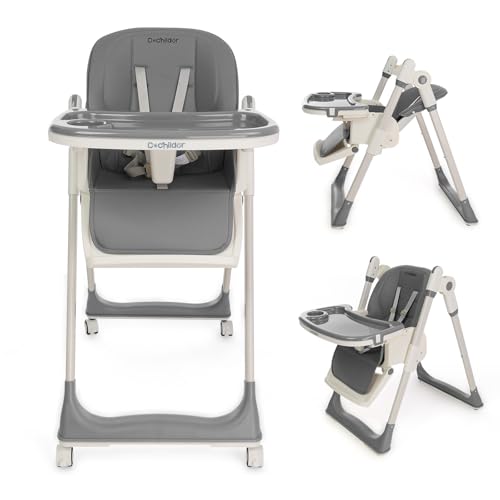 3-in-1 Foldable High Chair for Babies & Toddlers Adjustable Height, Reclining Seat, 5-Point Safety Harness, Removable Tray, Lockable Wheels, Washable Cushion Portable & Easy Clean, Grey