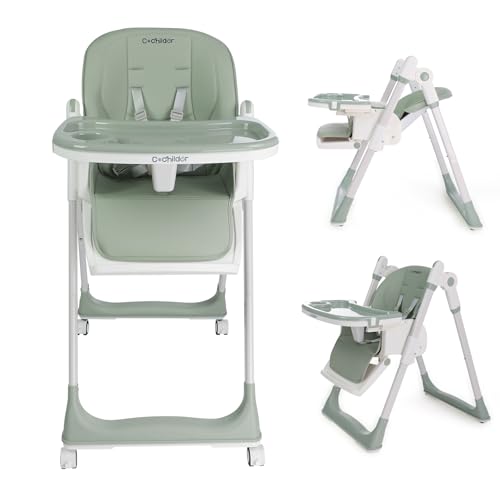 3-in-1 Foldable High Chair for Babies & Toddlers Adjustable Height, Reclining Seat, 5-Point Safety Harness, Removable Tray, Lockable Wheels, Washable Cushion Portable & Easy Clean, Green