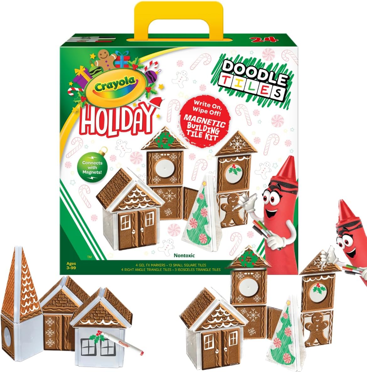 CreateOn Crayola Gingerbread House Magnetic Tiles, 24pc Holiday Christmas Building Set, STEM Educational Toys for Kids Ages 3+, Magnetic Construction Playset for Creative Learning & Gifts