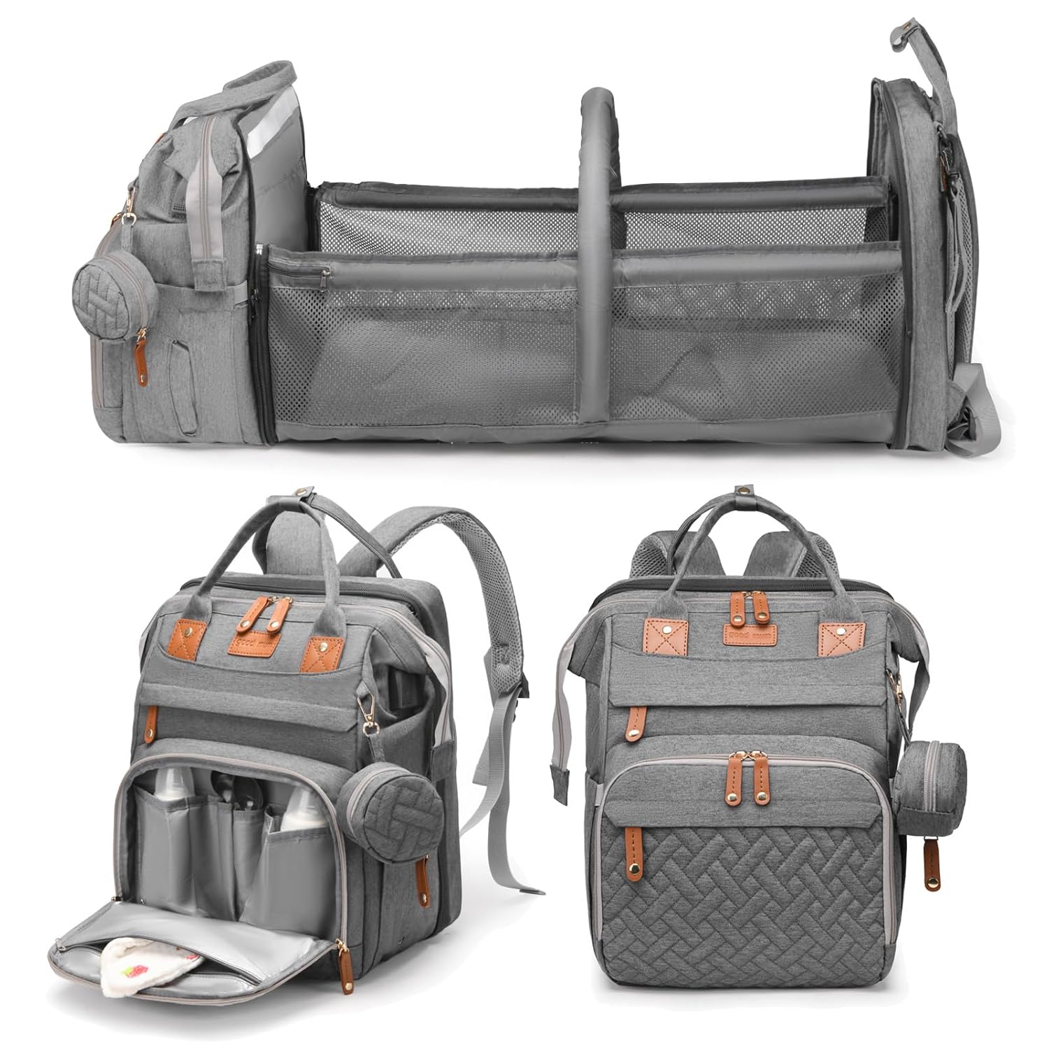 Jeryswet Baby Diaper Bags with Changing Station, Waterproof Large Capacity Diaper Bag Backpack for Moms Dads with USB Charging Port and Stroller Straps, Grey