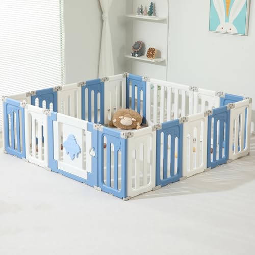 Baby Play Pen, 18 Panels Extra Large Baby Playpen, Foldable Play Pens for Babies and Toddlers, UFO Portable Baby Fence, Baby Gate Playpen, Baby Play Yard, Blue