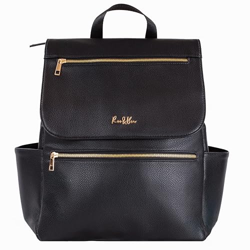 Premium Vegan Leather Diaper Bag Backpack  Large Designer Baby Bag, Stylish Diaper Backpack with Stroller & Crossbody Straps & Multiple Compartments (Black)
