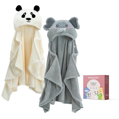 Momcozy Hooded Baby Towels-Visualize Health Label - Soft & Absorbent Coral Fleece Towel for Comfort & Warm - Bath Essential or Shower Gift for Newborn, Toddler and Kids (Large 28 x 55 Inch, 2 Pack)
