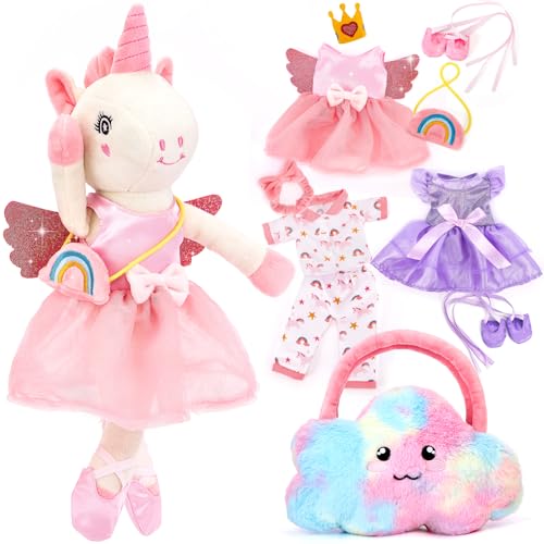 Unicorns Toys for Girls Age 4-6 - Ballerina Doll Stuffed Animal Girl Toys Age 4-5, Ballet Dress up Doll, 3 Set Clothes with Plush Bag, 4 Year Old Girl Birthday Gifts Ideas, Travel Plush Toy 5 Year Old