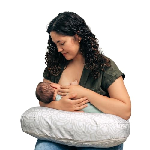 Boppy Nursing Pillow - Ergonomic Bottle & Breastfeeding Pillow with High, Firm, Large Area, Water-Repellent Cushion with Washable Cover; Baby Safety Alliance Verified - Cream Retro Squiggles