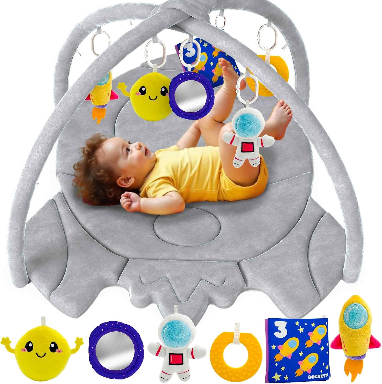 QUOKKA Baby Play Gym XL  Rocket-Shaped Baby Play Mat with 6 Large Sensory Toys  Tummy Time Mat for Infant Development  Machine Washable Newborn Essentials Must Haves  Gender Neutral Gift Items