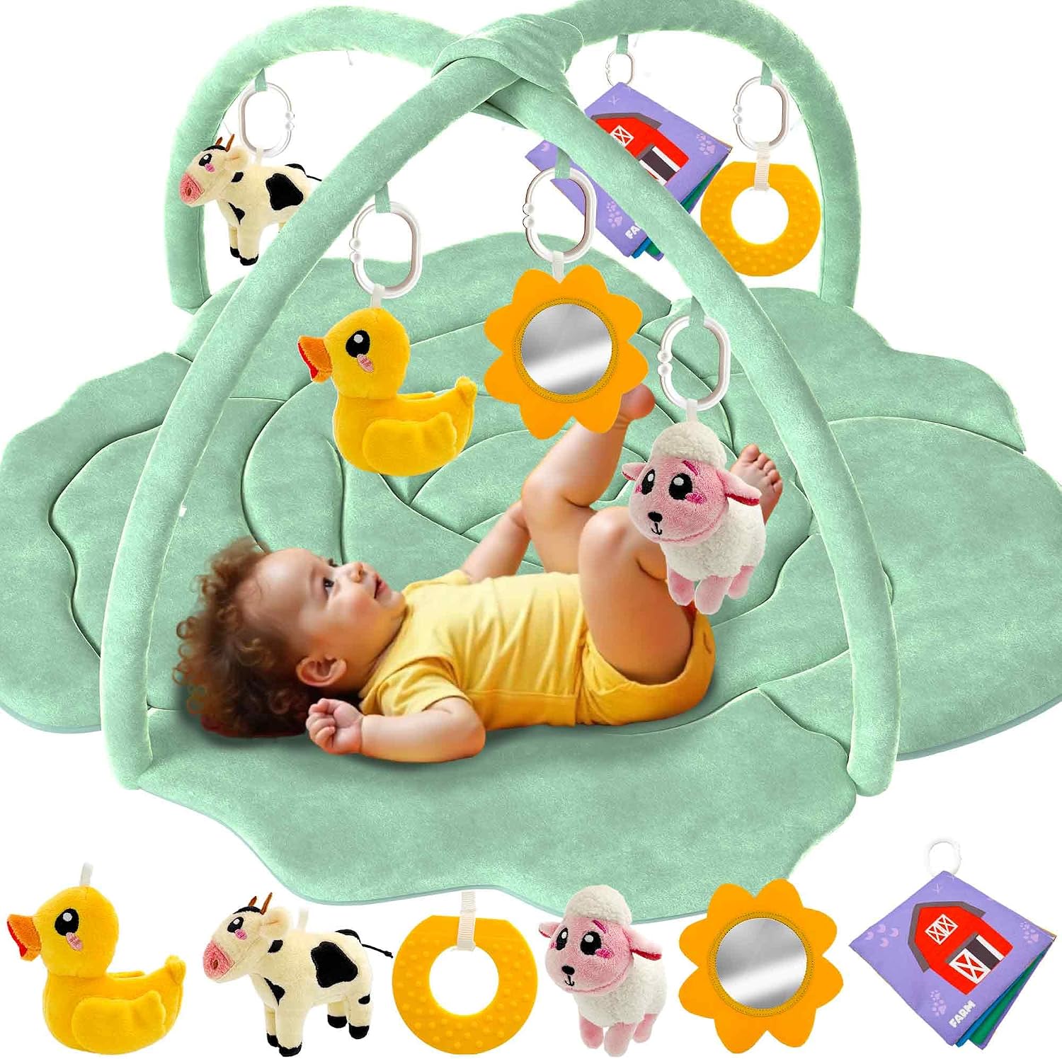 QUOKKA Baby Play Gym XL  Cabbage-Shaped Baby Play Mat with 6 Large Sensory Toys  Tummy Time Mat for Infant Development  Machine Washable Newborn Essentials Must Haves  Gender Neutral Gift Items